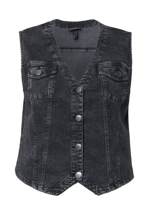Černá džínová vesta s výstřihem do V, bez rukávů, se dvěma kapsami na hrudi a stříbrnými patentními knoflíky vpředu, s vybledlou texturou.
