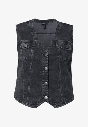 Czarna kamizelka z denimu z dekoltem w serek, bez rękawów, z podwójnymi kieszeniami na piersi i srebrnymi zatrzaskami z przodu, o wyblakłej fakturze.
