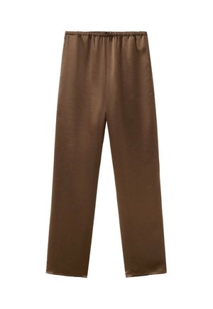 Braune Satin-Hose mit geradem Bein und elastischem Bund, ohne sichtbare Taschen oder Verzierungen, vor weißem Hintergrund dargestellt.