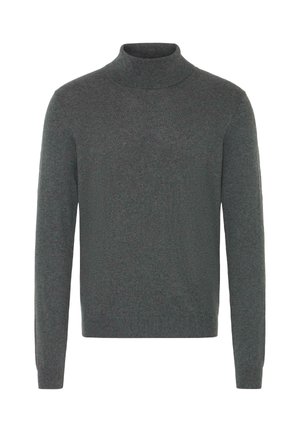 Dark gray turtleneck sweater made of soft, textured material with long sleeves and ribbed collar and cuffs. Simple, minimalist design.