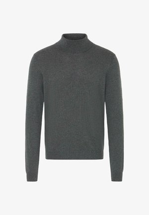 Donkergrijze coltrui gemaakt van zacht, gestructureerd materiaal met lange mouwen en geribde kraag en boorden. Eenvoudig, minimalistisch ontwerp.
