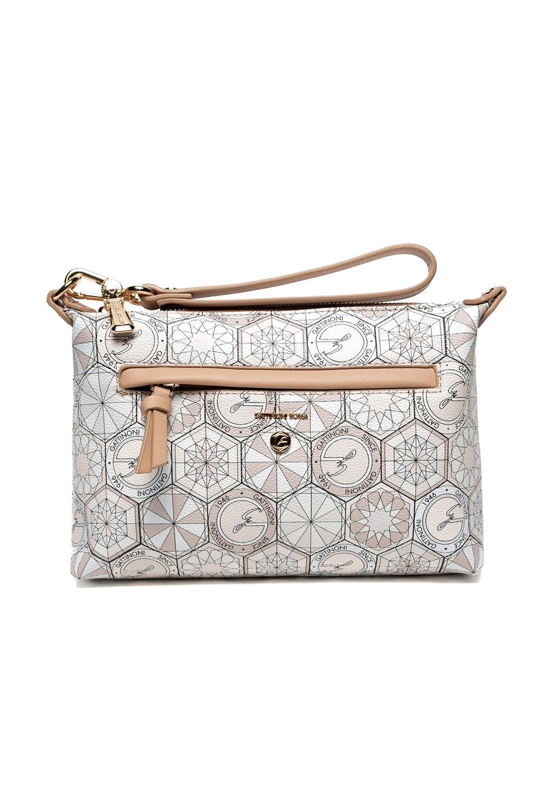 Kapsička v obdélníkovém tvaru z jemně růžové kůže s geometrickým vzorem. Obsahuje kapsu na zip, odnímatelný popruh a zlaté akcenty.