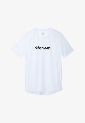 Balta trumpomis rankovėmis marškiniai su tekstūruota medžiaga, su juodu "Normal" logotipu krūtinėje. Apvalus apvadas ir laisvas siluetas.