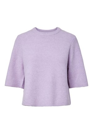 Light purple ribbed knit short-sleeve sweater with crew neck and relaxed fit, suitable for casual wear.
