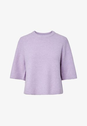 Light purple ribbed knit short-sleeve sweater with crew neck and relaxed fit, suitable for casual wear.