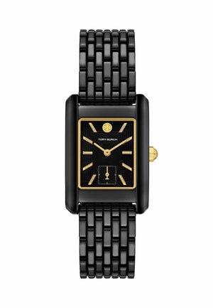 Zwarte rechthoekige horloge met een glanzende afwerking, gouden accenten en een gestructureerde zwarte wijzerplaat. Voorzien van een schakelarmband en een minimalistisch ontwerp van de wijzerplaat.