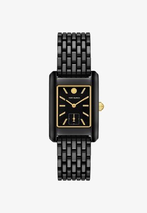 Orologio rettangolare nero con finitura lucida, dettagli dorati e un quadrante nero strutturato. Presenta un bracciale a maglie e un design del quadrante minimalista.
