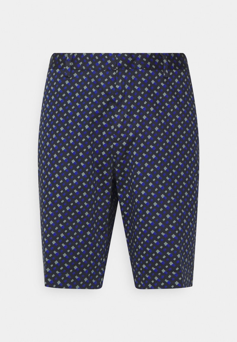 Shorts bleu marine avec un motif intégral de petits rectangles gris et bleus, passants pour ceinture et fermeture éclair avant.