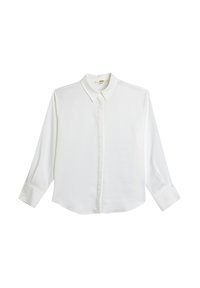 Camicia bianca a maniche lunghe con colletto classico, pattina frontale e polsini con bottoni. Tessuto liscio e leggero con orlo leggermente arrotondato.