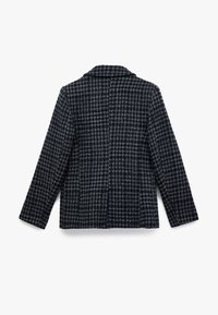 Wollen blazer in donkerblauw met een houndstooth patroon. Heeft een reverskraag en lange mouwen, textuurstof. Achteraanzicht.