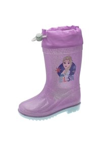 Botte de pluie imperméable violette avec paillettes, dotée d'un haut à cordon de serrage et d'un graphique d'un personnage. Semelle bleue translucide avec une traction texturée.