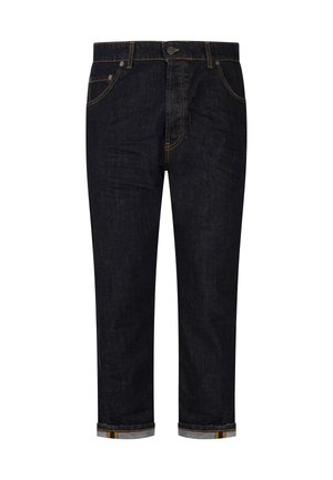 Mørk indigoblå denimjeans med optrukne manchetter, forreste knaplukning og kontrastfyldt orange syning, vist forfra på en hvid baggrund.