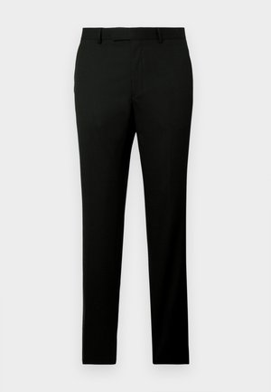Schwarze Hose mit geradem Bein, aus einem strukturierten Stoff gefertigt, mit Gürtelschlaufen und Seitentaschen. Einfaches, klares Design.
