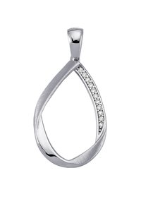 Pendentif en forme de goutte d'argent avec une finition brillante et une rangée de petites pierres claires le long d'un côté, présentant un design lisse et incurvé.