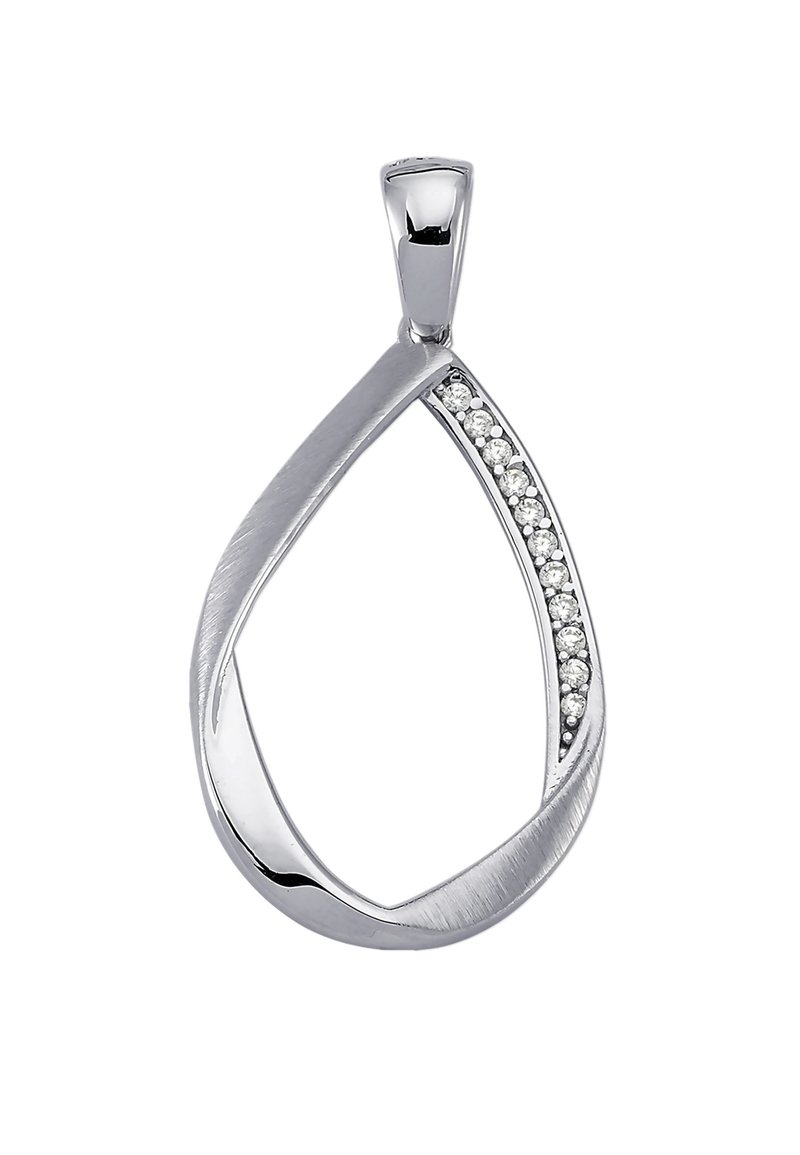 Pendentif en forme de goutte d'argent avec une finition brillante et une rangée de petites pierres claires le long d'un côté, présentant un design lisse et incurvé.