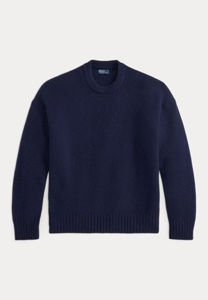 Pull bleu marine à manches longues avec col rond, poignets et ourlet côtelés, posé à plat sur un fond blanc.