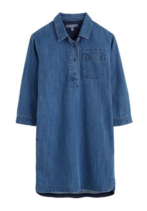 Denim tuniek met een kraaghalslijn, driekwart mouwen, knopenlijst en een borstzak. Donkerblauwe kleur met een gladde textuur.
