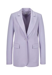 Lila blazer met notch-lapels, éénknoopsluiting, twee voorzakken en een zachte textuur. Strakke pasvorm en schone lijnen.
