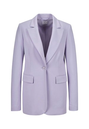 Lila Blazer mit Reverskragen, einreihiger Knopfverschluss, zwei Fronttaschen und glatter Textur. Taillierte Passform und klare Linien.