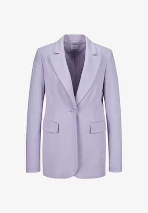 Lila blazer met notch-lapels, éénknoopsluiting, twee voorzakken en een zachte textuur. Strakke pasvorm en schone lijnen.