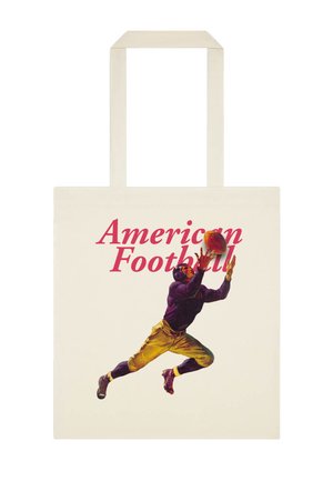 Sac fourre-tout avec une illustration d'un joueur de football américain en tenue vintage sautant pour attraper un ballon, texte "Football Américain" au-dessus du joueur.