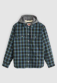 Plaid shirt with gray hoodie, featuring blue and green checks, button front, two chest pockets, and soft texture.