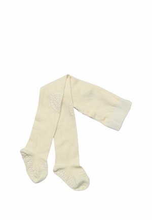 Cream-colored children's tights with non-slip grips on the feet and knees, laid flat on a white background.