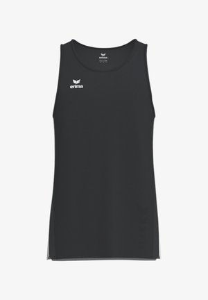 Schwarzes ärmelloses Sporttanktop mit weißem Erima-Logo auf Brust und Halsausschnitt, aus atmungsaktivem Material.