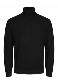 Pull noir à col roulé manches longues avec poignets et ourlet côtelés, design uni, présenté sur fond blanc.