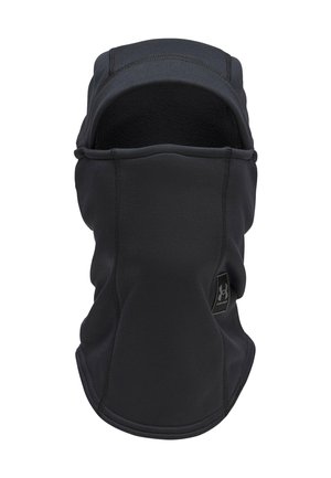 Cagoule intégrale noire en tissu doux avec coutures visibles et petit logo sur le côté, conçue pour la protection contre le froid.