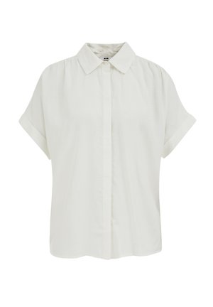 Valgest värvi lühikeste varrukatega pluus terava kraega ja peidetud nööpidega, valmistatud kergest kangast.