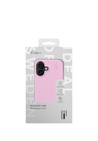 Etui silikonowe w kolorze różowym bubblegum do iPhone 17, charakteryzujące się gładką fakturą i wycięciami na obiektywy aparatu, zapakowane w neutralne opakowanie.