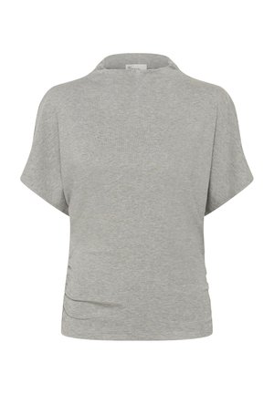 Helehall lühikeste varrukatega t-särk, millel on kõrge kaelus ja peenalt kogutud detail vasakul külje vöökohal.