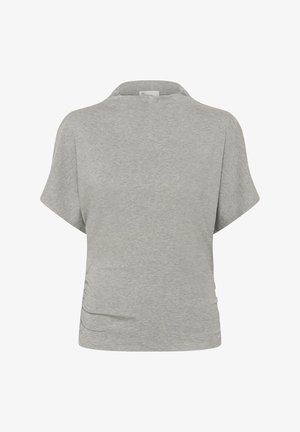 Helehall lühikeste varrukatega t-särk, millel on kõrge kaelus ja peenalt kogutud detail vasakul külje vöökohal.