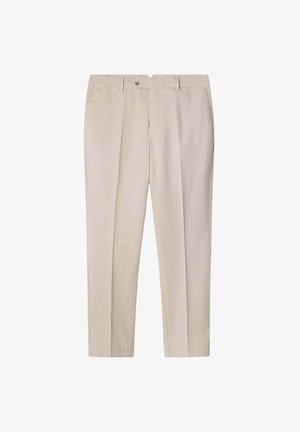 Bežové nohavice na mieru vyrobené z hladkej tkaniny, s rovnými nohavicami, plisovaním na prednej strane a jedným gombíkom na zapínanie v páse.