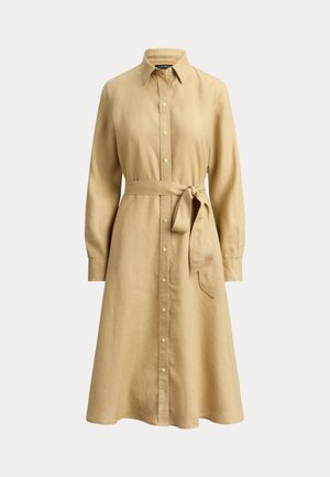 Μπεζ midi φόρεμα με μακριά μανίκια και κουμπιά, με μυτερό γιακά και δεμένη υφασμάτινη ζώνη στη μέση.