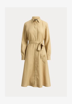 Beige midikjole med lange ermer, knappelukking, spiss krage og et stoffbelte knytt rundt midjen.