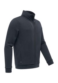 Felpa grigia scura con zip, colletto alto, polsini e orlo ribattiuti. Realizzata in tessuto morbido, presenta dettagli di cucitura discreti.