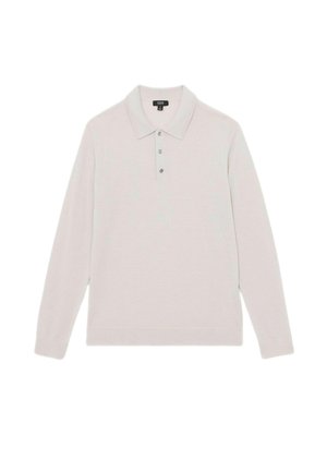 Polo shirt lung cu mânecă lungă de culoare gri deschis, realizat dintr-un material moale, având o culoare clasică, trei nasturi și un tiv drept. Design simplu și minimalist.