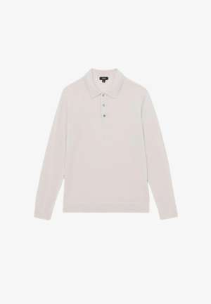 Lichtgrijze langemouwen polo-shirt van zacht materiaal, met een klassieke kraag, drie knopen en een rechte zoom. Eenvoudig en minimalistisch ontwerp.