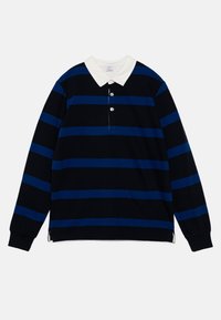 Poloko s dlouhým rukávem s černými a modrými vodorovnými pruhy, bílým límcem a zapínáním na tři knoflíky. Měkká látka; pohodlný střih.