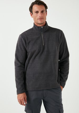Gray fleece pullover with a high collar, quarter-zip front, and textured fabric. Features long sleeves and a relaxed fit.