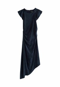 Abito blu navy con maniche corte a volant, orlo asimmetrico e dettaglio arricciato ai lati. Realizzato in un tessuto liscio con un delicato motivo a foglie.