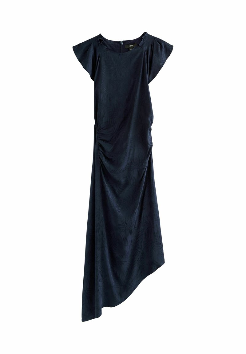 Abito blu navy con maniche corte a volant, orlo asimmetrico e dettaglio arricciato ai lati. Realizzato in un tessuto liscio con un delicato motivo a foglie.