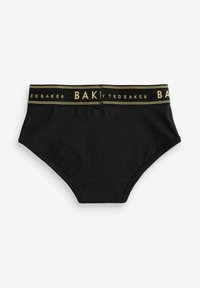 Crne gaćice visokog struka s glatkom teksturom i elastičnom trakom naglašenom zlatnim detaljima, na kojoj se ponavlja naziv branda "Ted Baker".