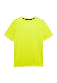 Tricou sportiv cu mânecă scurtă, de un galben strălucitor, cu un textil respirabil din plasă și un model în formă de v ce traversează pieptul. Ușor și cu capacitate de eliminare a umidității.