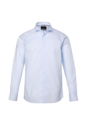 Camisa de vestir para hombre de manga larga en azul claro, con botones en el frente y cuello clásico, exhibida sobre un fondo blanco.