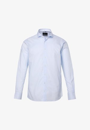 Light blue long-sleeve men's dress shirt with button front and classic collar, displayed against a white background.