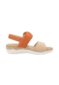 Sandale en cuir avec des brides orange et beige, design à bout ouvert, semelle texturée style liège et semelle extérieure blanche. Sangle arrière réglable incluse.