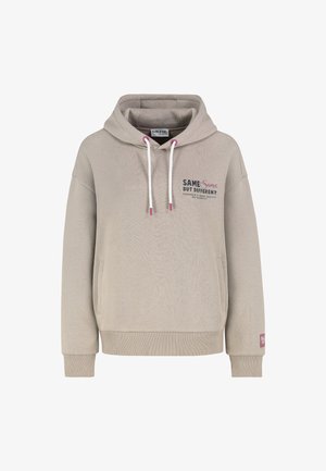 Beige hoodie with a front pocket, drawstring hood, and ribbed cuffs. Features printed text in dark and light colors on the chest.